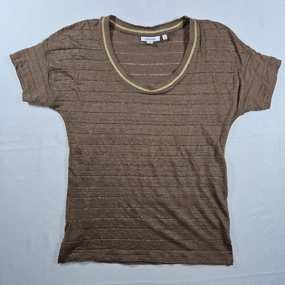 Chico's‎ Brown Linen Blend V Neck Short Sleeve Top Gold Metallic Stripe Size 1